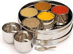 Great gift: Stainless steel Indian Spice box filled with spices